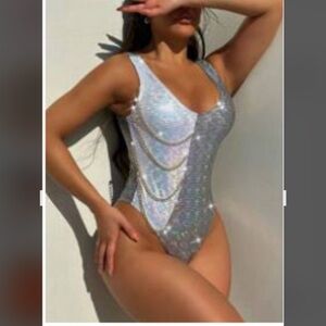 SHEIN Silver gray metallic Grid Pattern swimsuit with gold chain accent sz large